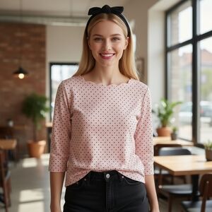 Croft & Barrow 100% Cotton Pink Scalloped Neck Top with Black Polkadots